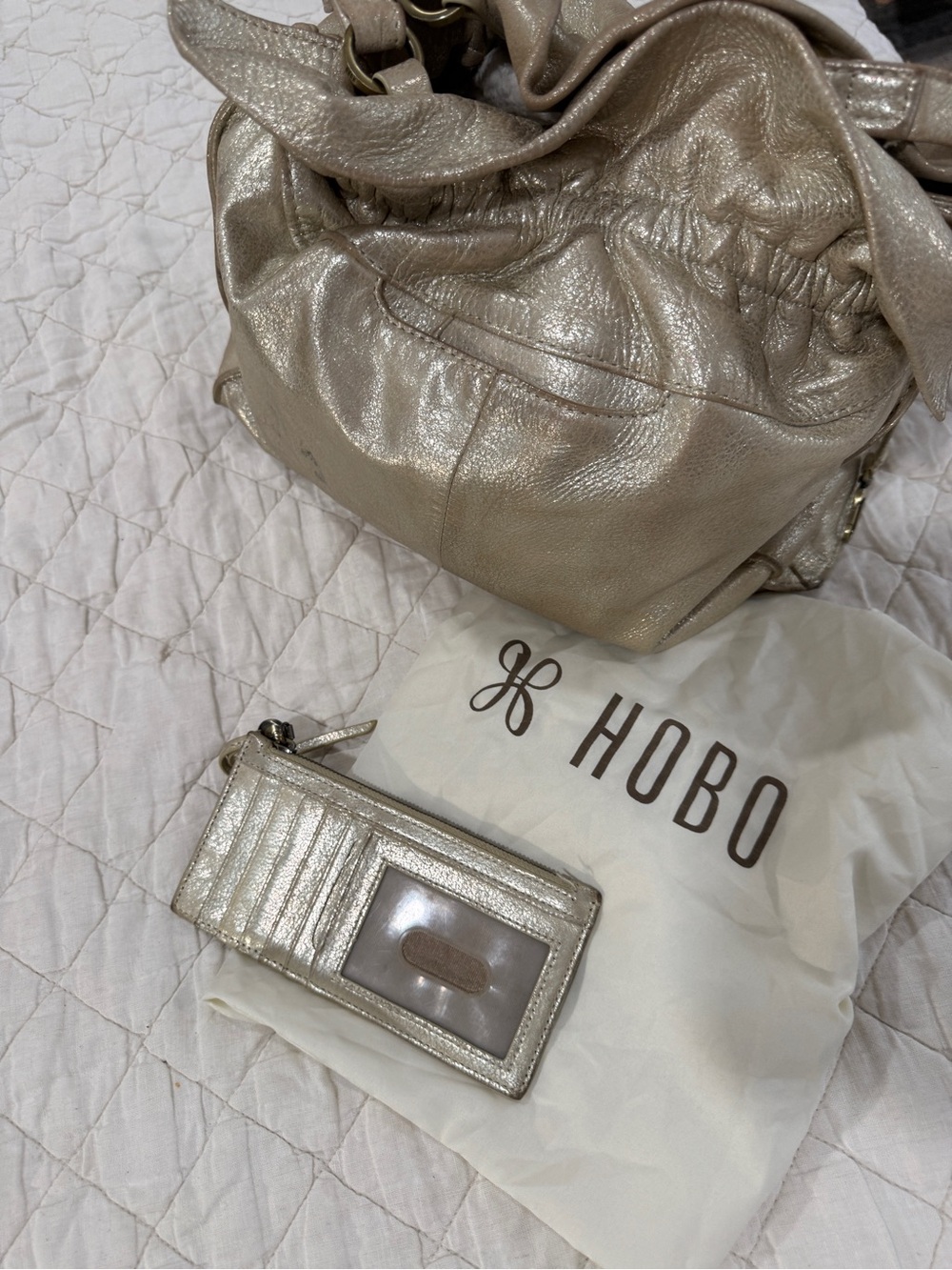 HOBO Metallic Taupe Leather Hobo Bag with Matching Card Wallet